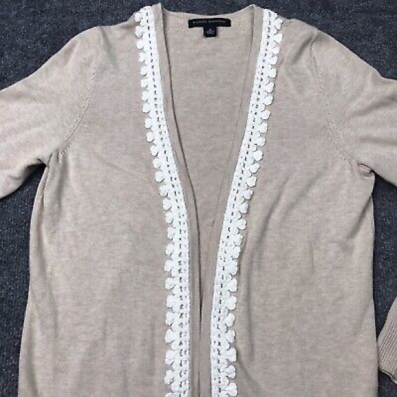 Banana Republic Tan Beige Cotton Knit Open Front Cardigan Lace Crochet Trim XS - Picture 3 of 14